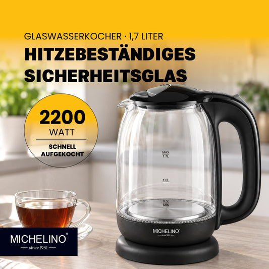MICHELINO Wasserkocher 1,7 Liter Schwarz – Sicherheitsglas mit blauer LED – Ansicht 2