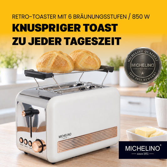 MICHELINO Toaster Retro 2-Scheiben Weiß-Gold – 850W, Edelstahl, 6 Bräunungsstufen & Cool-Touch – Ansicht 2