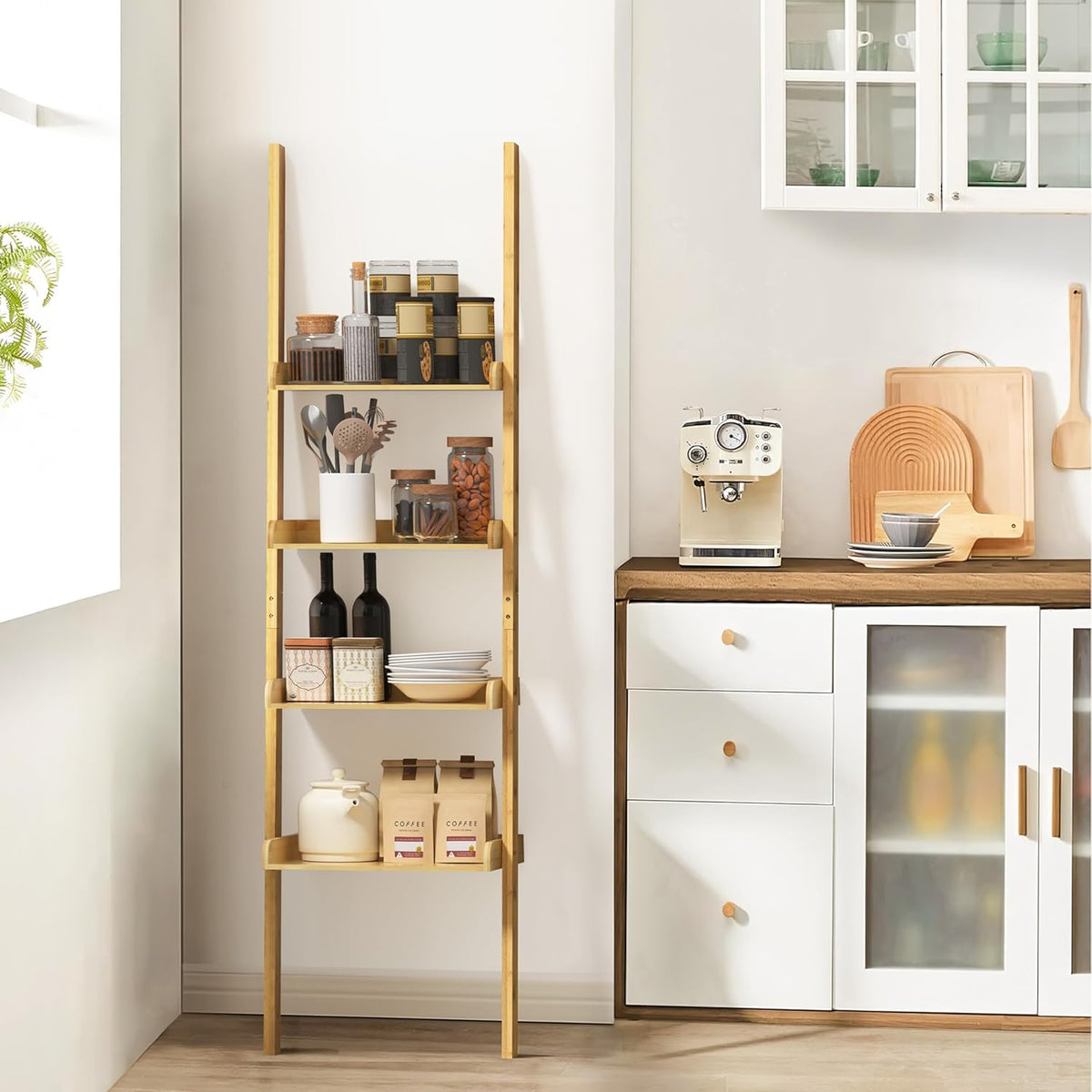 RIBELLI Leiterregal mit 4 Ablagen – Bambus, 175 cm – Ansicht 3