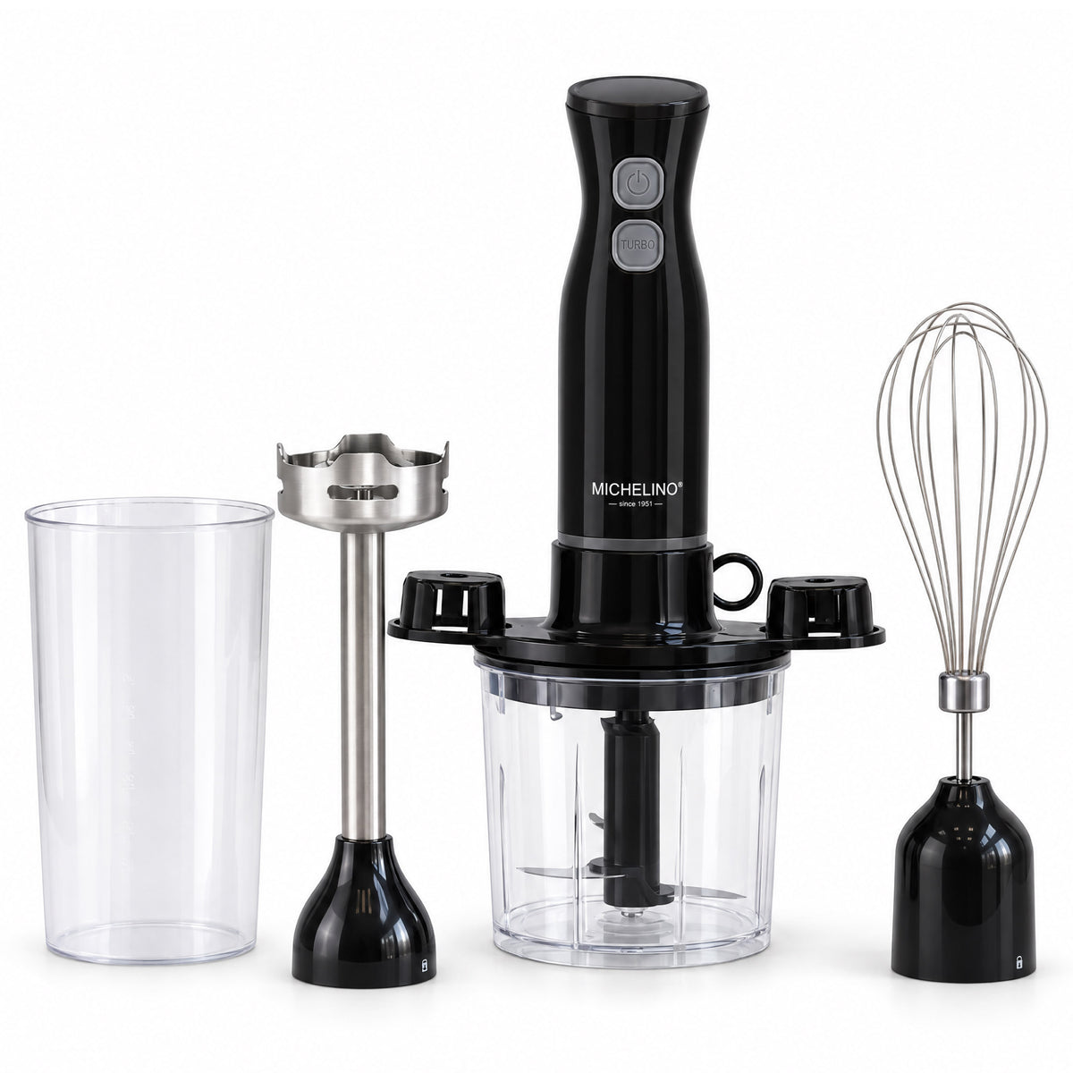 MICHELINO Stabmixer-Set 6-teilig 250 Watt – Edelstahl mit Zerkleinerer, Schneebesen & Messbecher