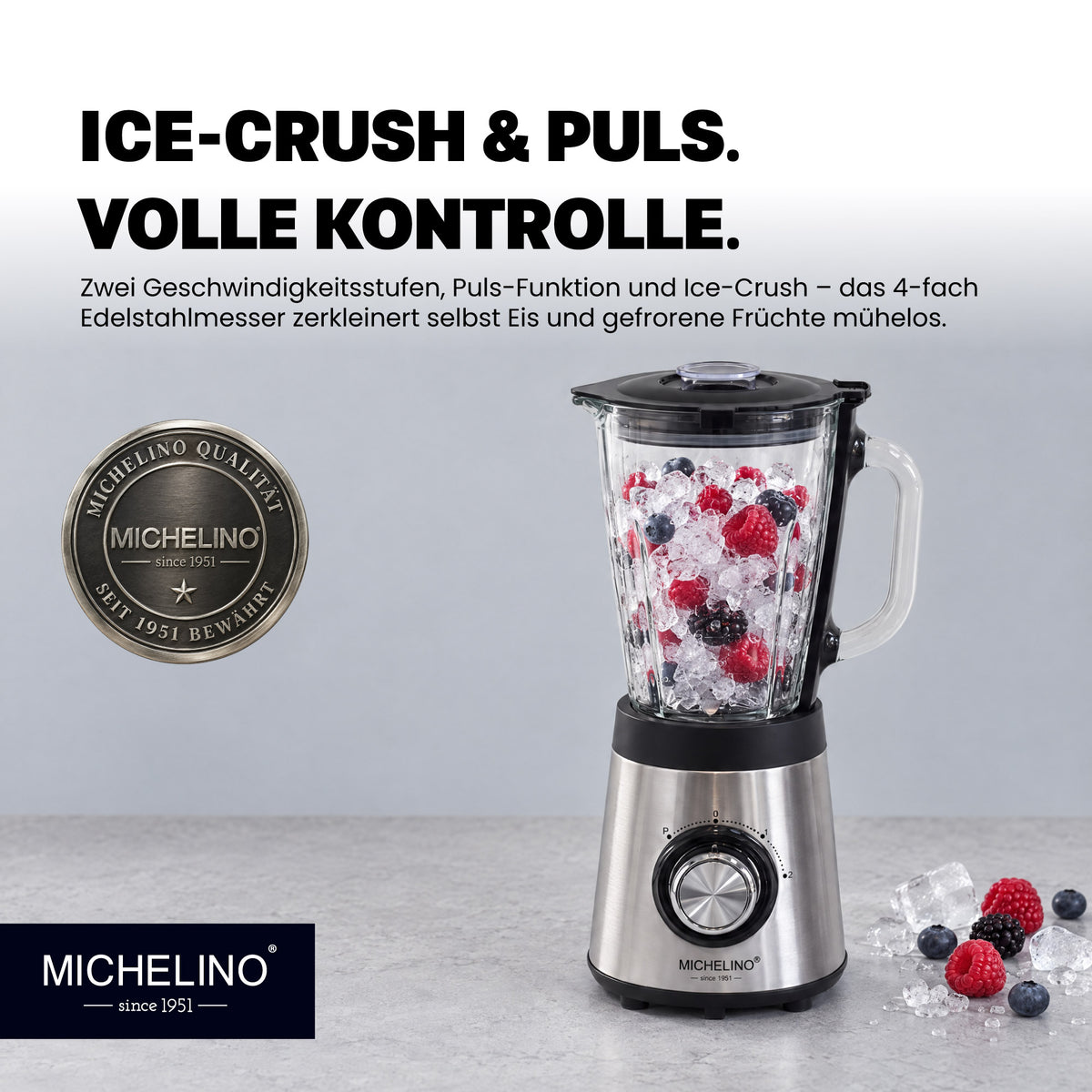MICHELINO Standmixer 1,5 Liter Glasbehälter – 500W mit Ice-Crush & Puls-Funktion – Ansicht 3