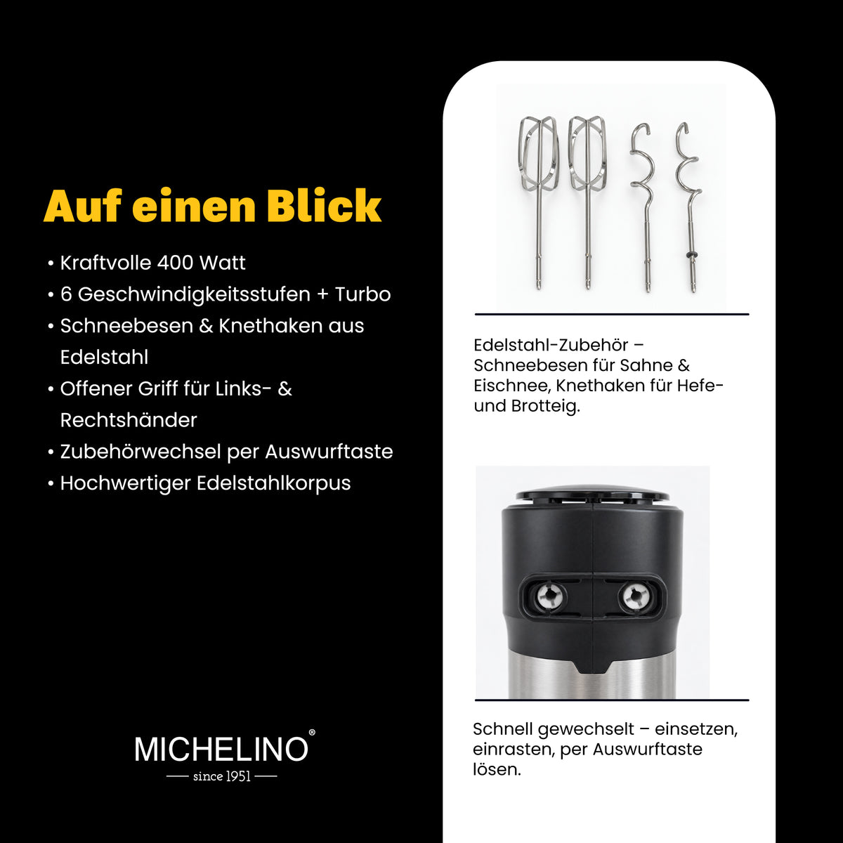MICHELINO Handmixer 400 Watt Schwarz – Edelstahl mit 6 Stufen & Turbo – Ansicht 4