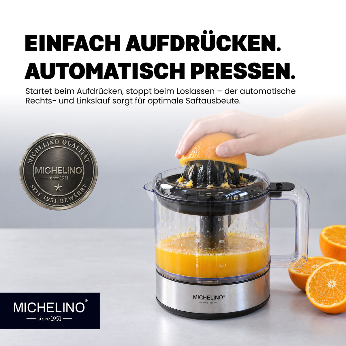 MICHELINO Elektrische Zitruspresse 1,0 Liter – 30W mit 2 Presskegeln & Aromaschutz – Ansicht 3