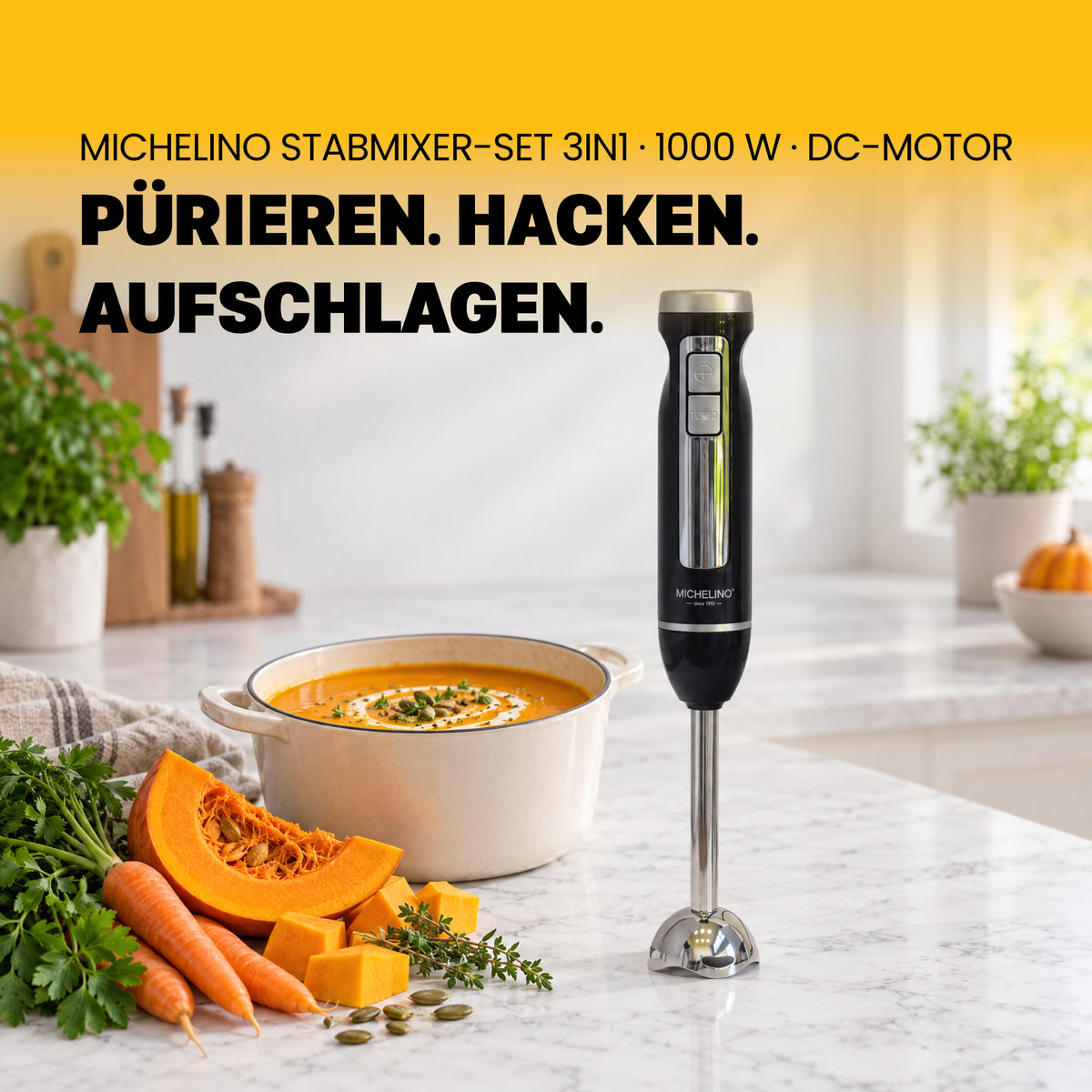 MICHELINO Stabmixer-Set 3-in-1 1000 Watt – mit Häcksler, Schneebesen & Halterung – Ansicht 2