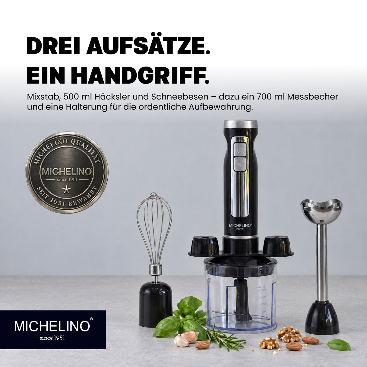 MICHELINO Stabmixer-Set 3-in-1 1000 Watt – mit Häcksler, Schneebesen & Halterung – Ansicht 3