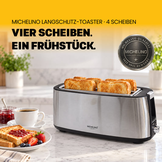 MICHELINO Langschlitz-Toaster 4-Scheiben – 1400W, Brötchenwärmer, Blockierschutz & Kabelaufwicklung – Ansicht 2
