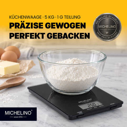 MICHELINO Küchenwaage Schwarz – 5 kg, 15×22 cm, 4 DMS-Sensoren, 1g Teilung & großes LCD – Ansicht 2