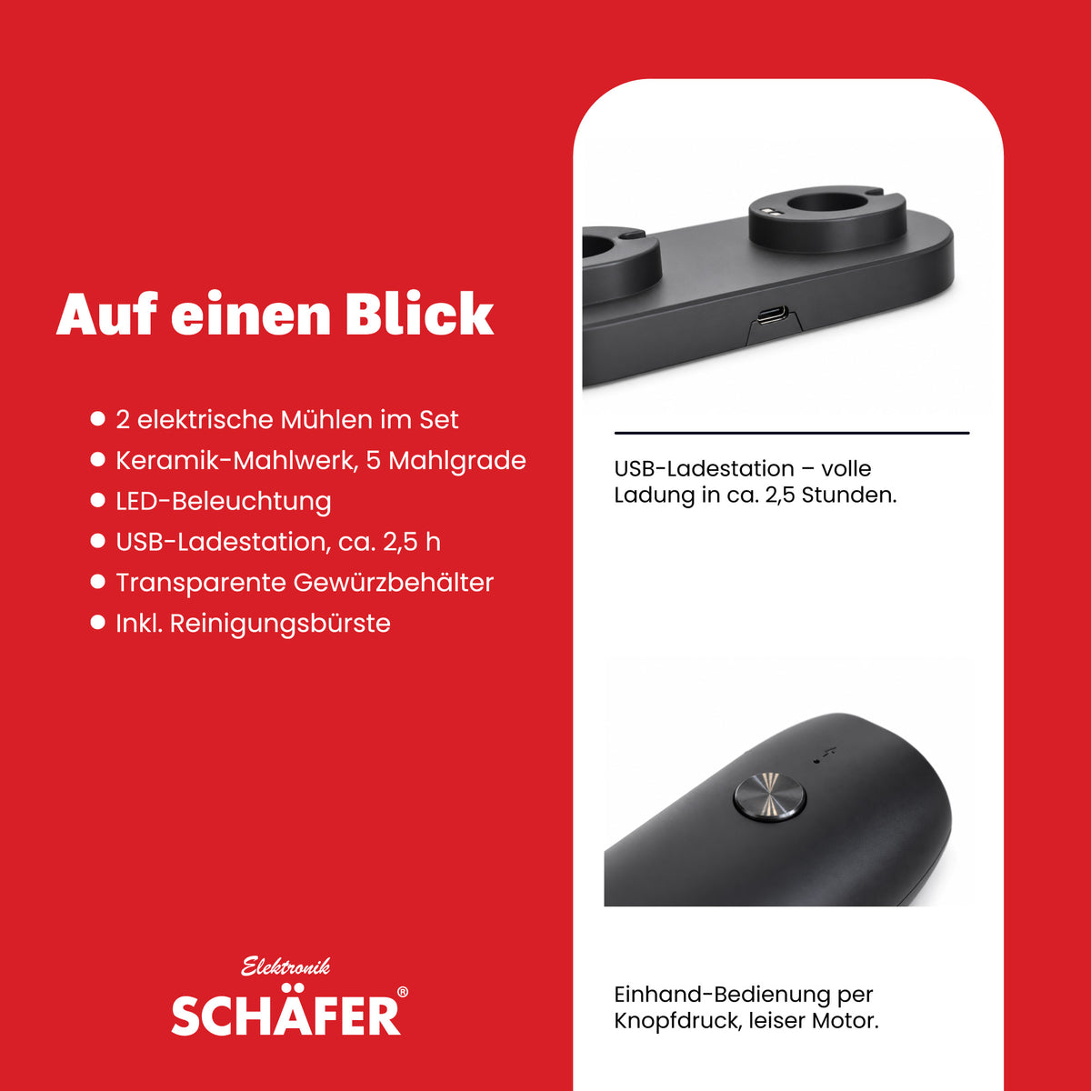 SCHÄFER 2-tlg. Gewürzmühle 16,5 × 7 × 19,5 cm Serie Venus Schwarz elektrisch – Ansicht 4