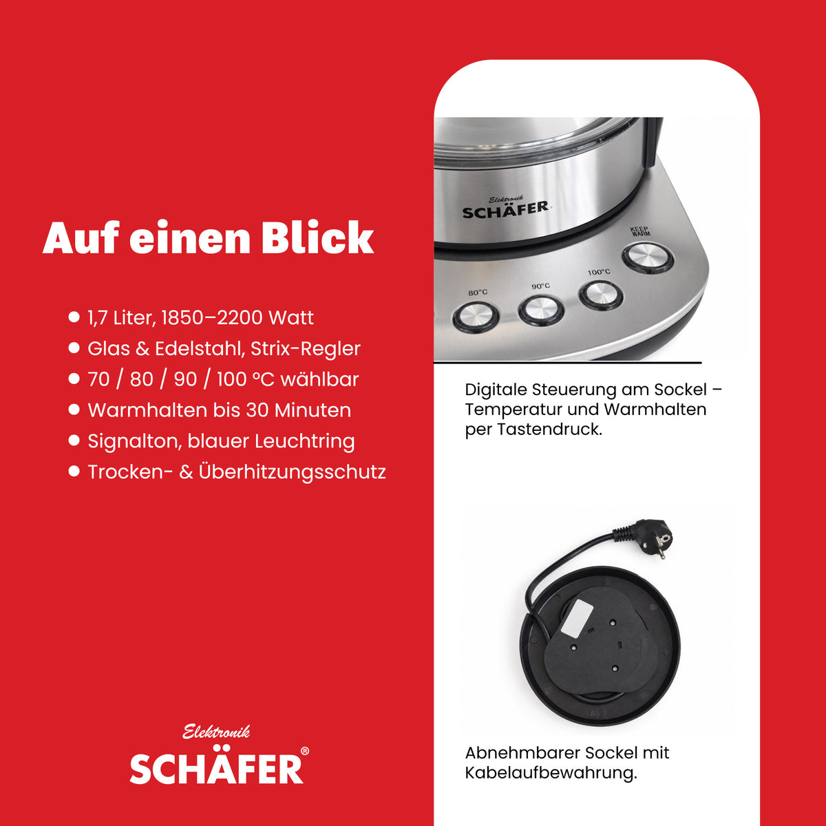 SCHÄFER Wasserkocher 1,7 l Temperaturwahl Silber 2200 Watt – Ansicht 4