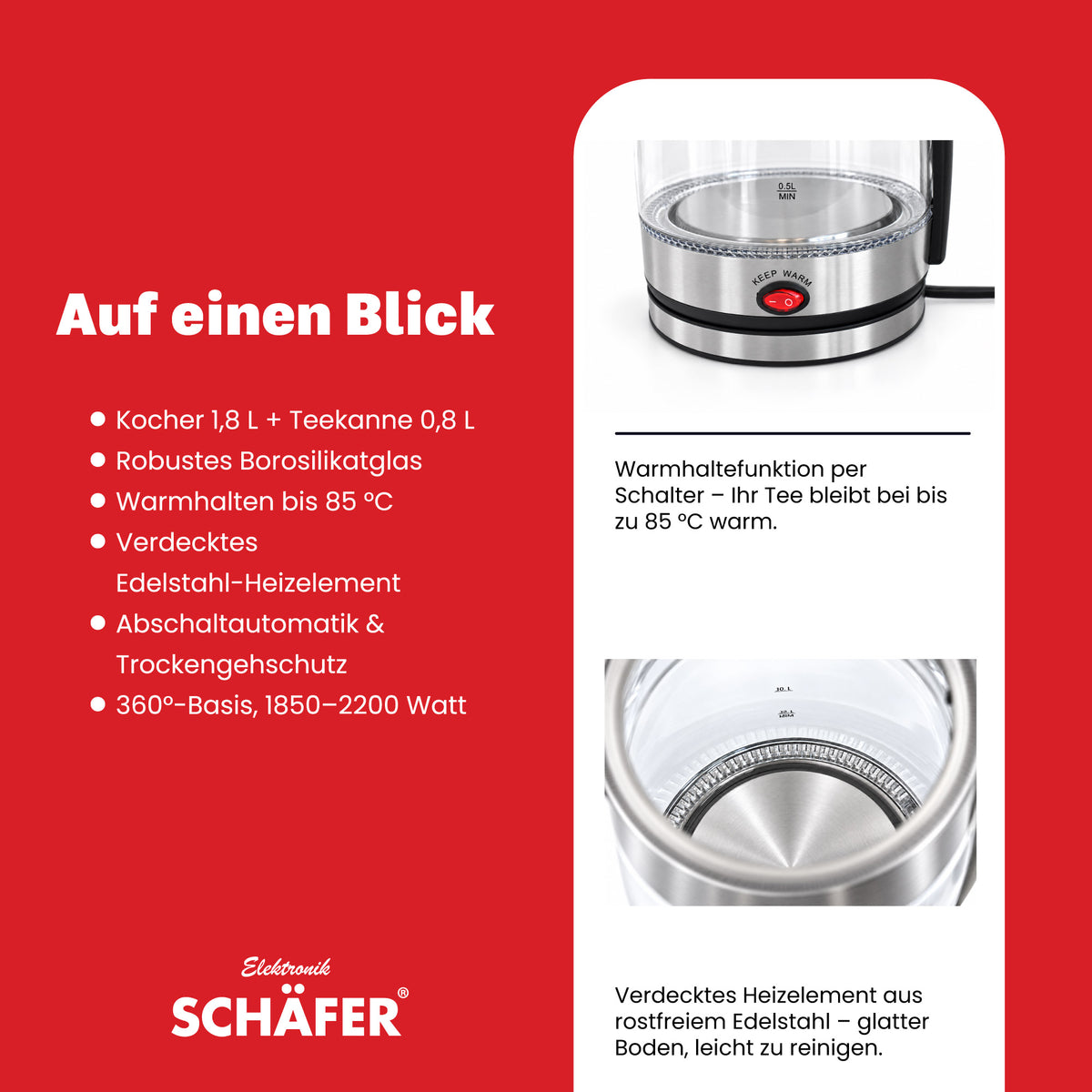 SCHÄFER Borosilikatglas Teekocher 1,8 l Silber Teekanne 0,8 l Art.-Nr. 74268 – Ansicht 4