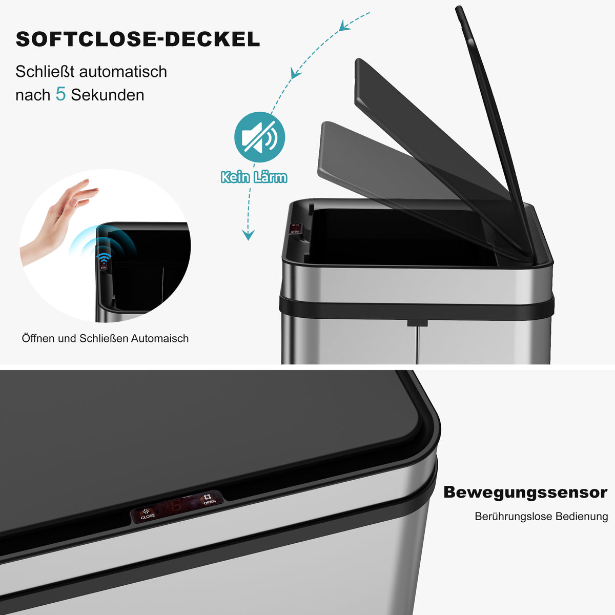 RIBELLI Edelstahl Sensor-Mülleimer – automatisches Öffnen – Ansicht 4
