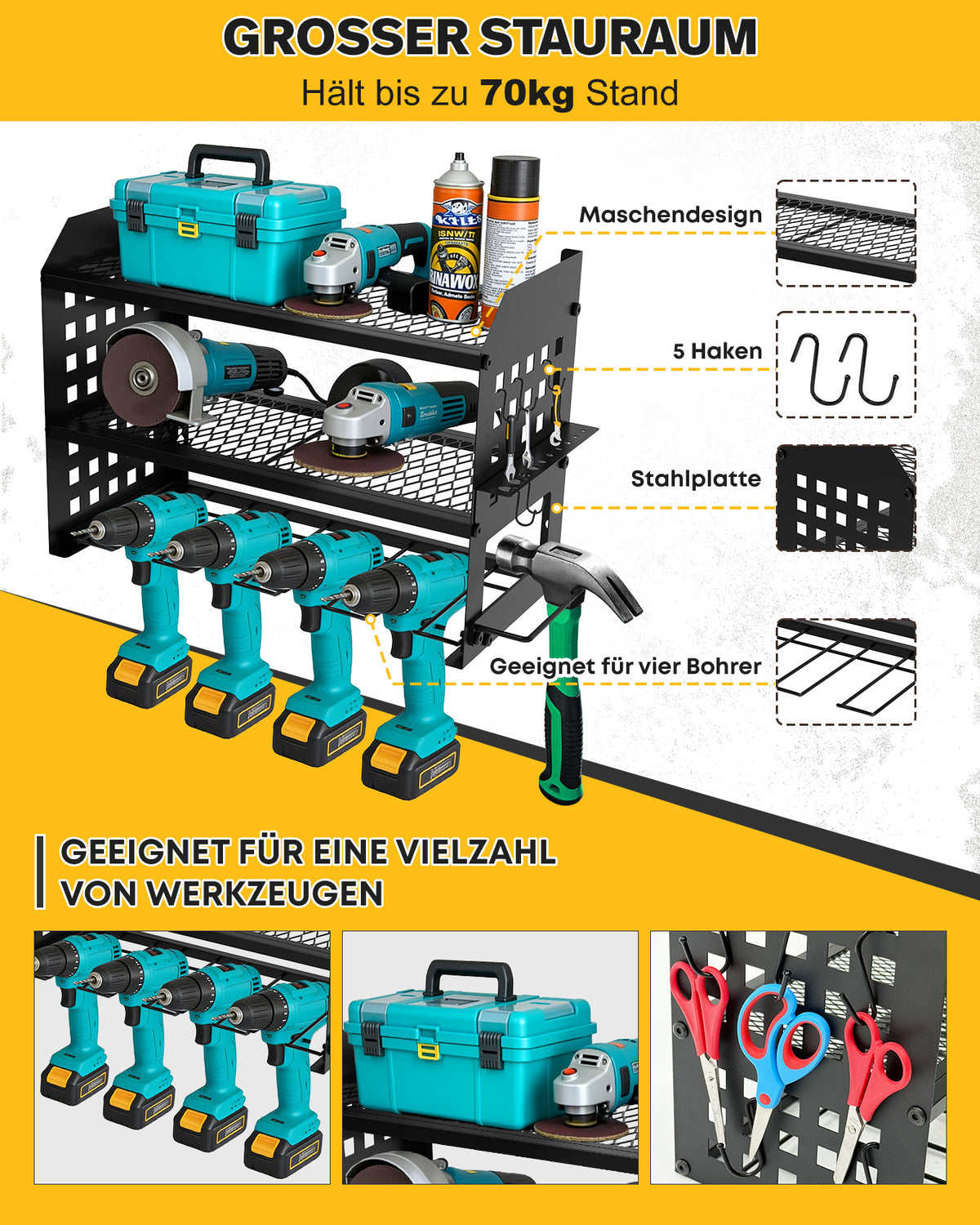 RIBELLI Werkzeug-Wandhalterung 3 Ebenen mit Haken – Metall – Ansicht 3