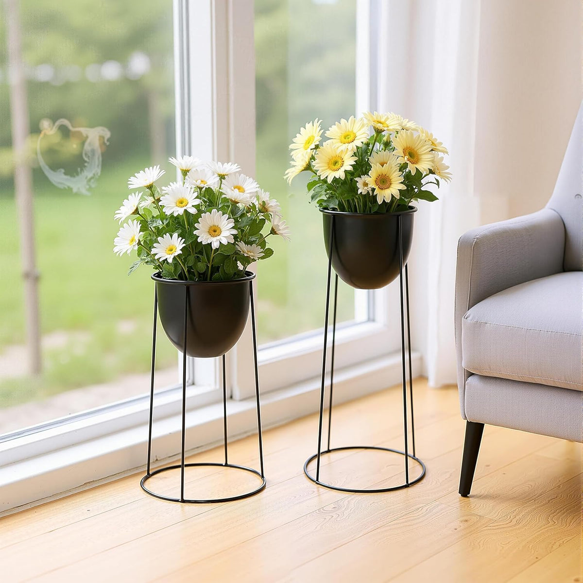 RIBELLI 2er-Set Blumentopf-Ständer mit Übertopf – Metall, rundes Gestell – Ansicht 2