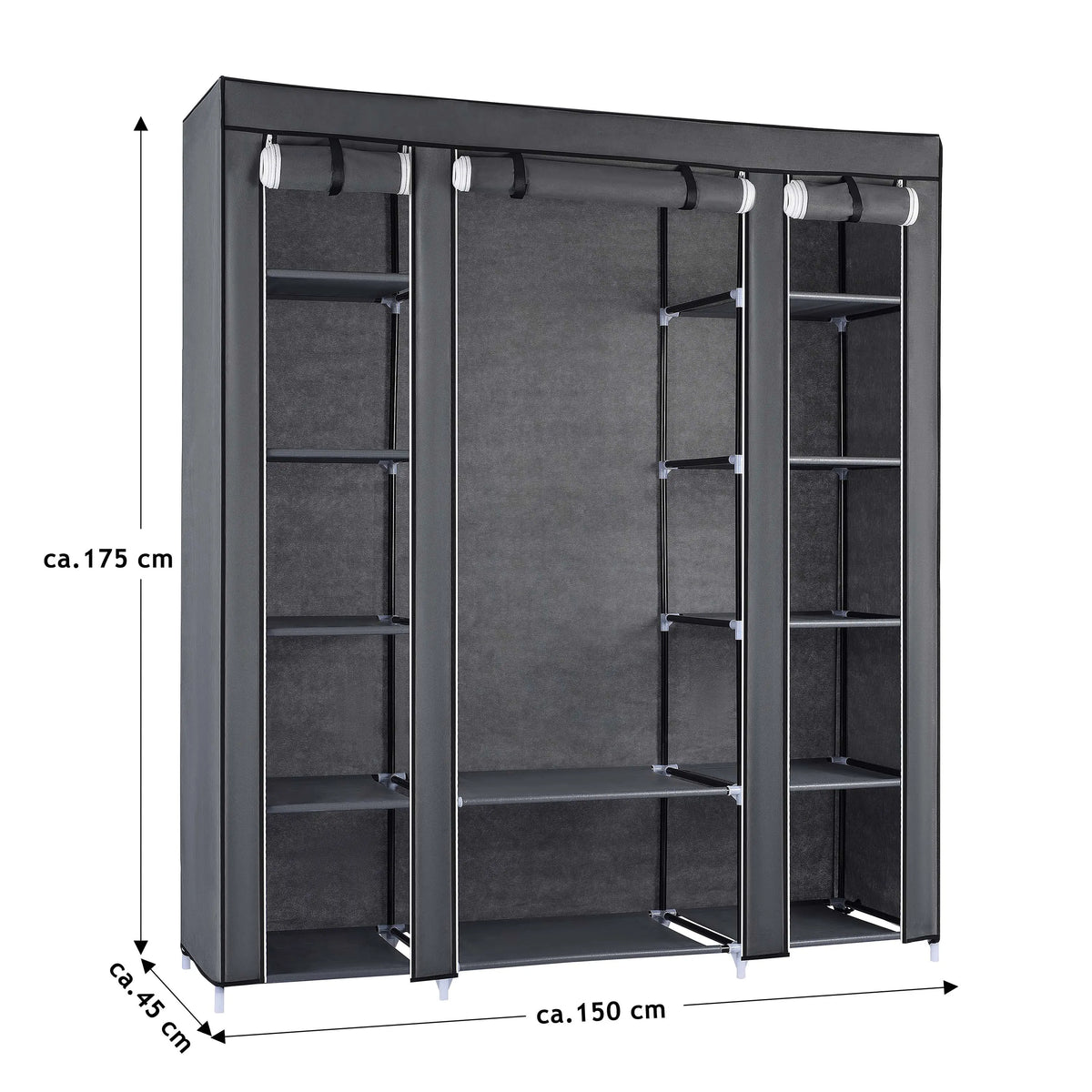 Stoffschrank mit Kleiderstange, 12 Fächer, Grau