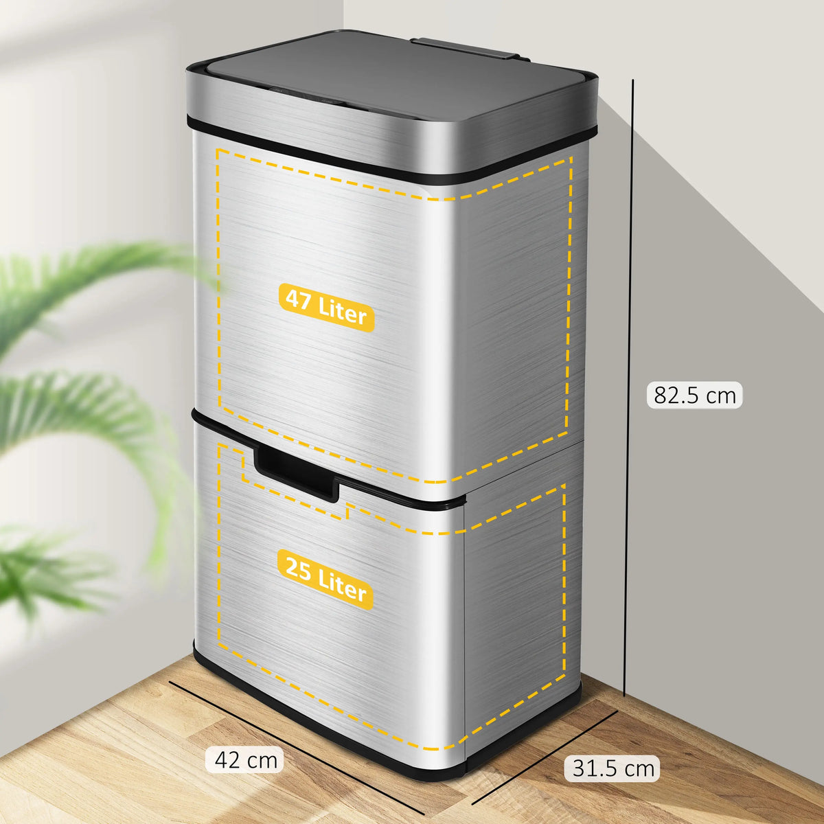 RIBELLI Mülleimer 4 Fächer mit Sensor, 72 l, Edelstahl – Ansicht 6