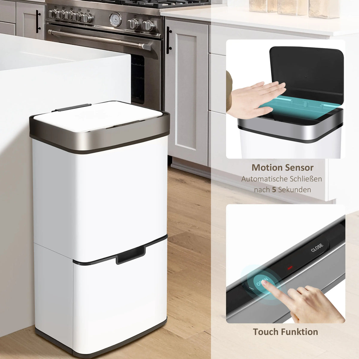 RIBELLI Mülleimer 4 Fächer mit Sensor, 72 l, Edelstahl – Ansicht 19