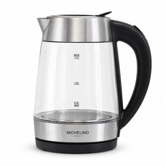 MICHELINO Wasserkocher 1,7 Liter – Glas & Edelstahl mit Strix-Controller