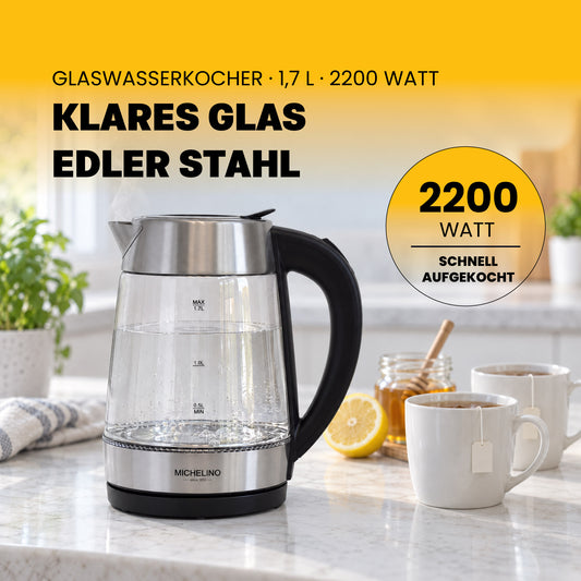 MICHELINO Wasserkocher 1,7 Liter – Glas & Edelstahl mit Strix-Controller – Ansicht 2
