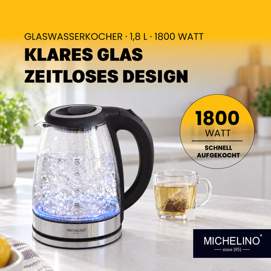 MICHELINO Wasserkocher Glas & Edelstahl Silber 1,8 Liter – mit LED & Kalkfilter – Ansicht 2