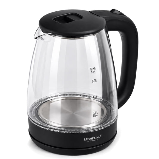 MICHELINO Wasserkocher 1,8 Liter Schwarz – Glas mit LED-Beleuchtung