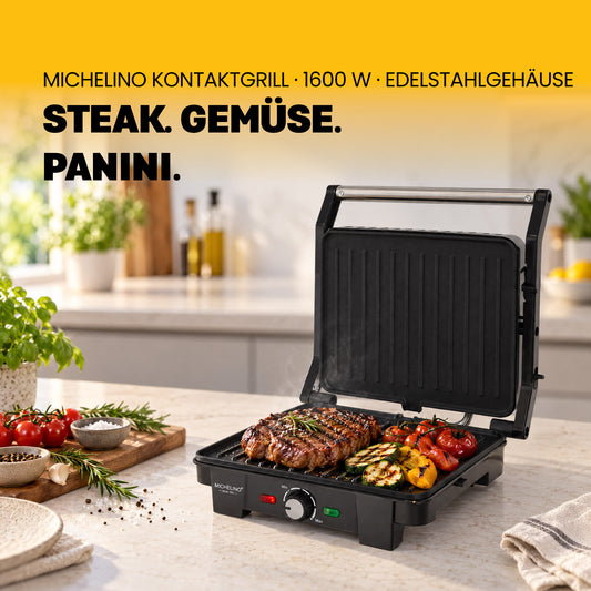MICHELINO Kontaktgrill 1600W – 25,5×18 cm, Tischgrillfunktion, Fettablauf & 180°-Öffnung – Ansicht 2