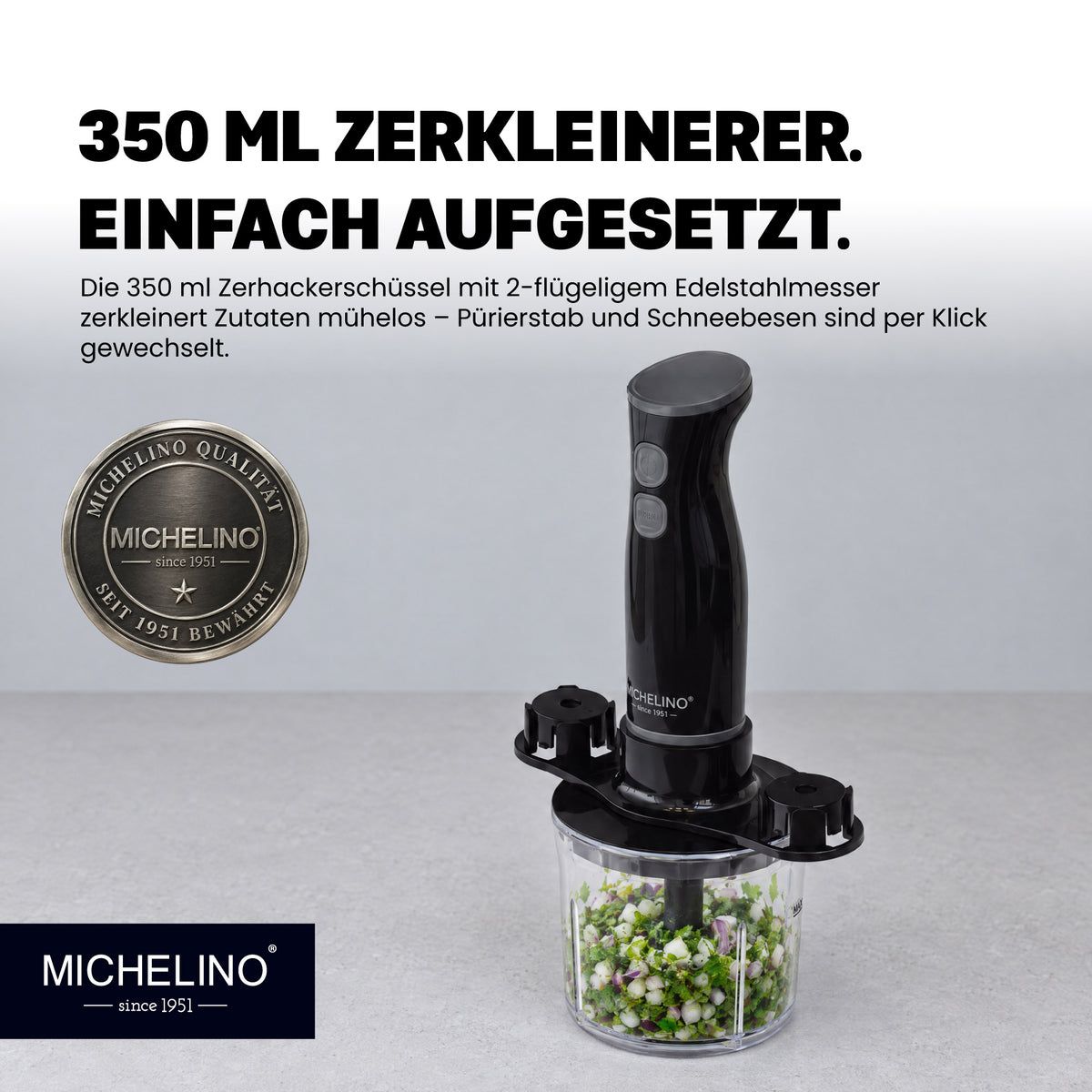 MICHELINO Stabmixer-Set 6-teilig 250 Watt – Edelstahl mit Zerkleinerer, Schneebesen & Messbecher – Ansicht 3