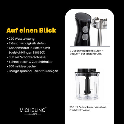 MICHELINO Stabmixer-Set 6-teilig 250 Watt – Edelstahl mit Zerkleinerer, Schneebesen & Messbecher – Ansicht 4