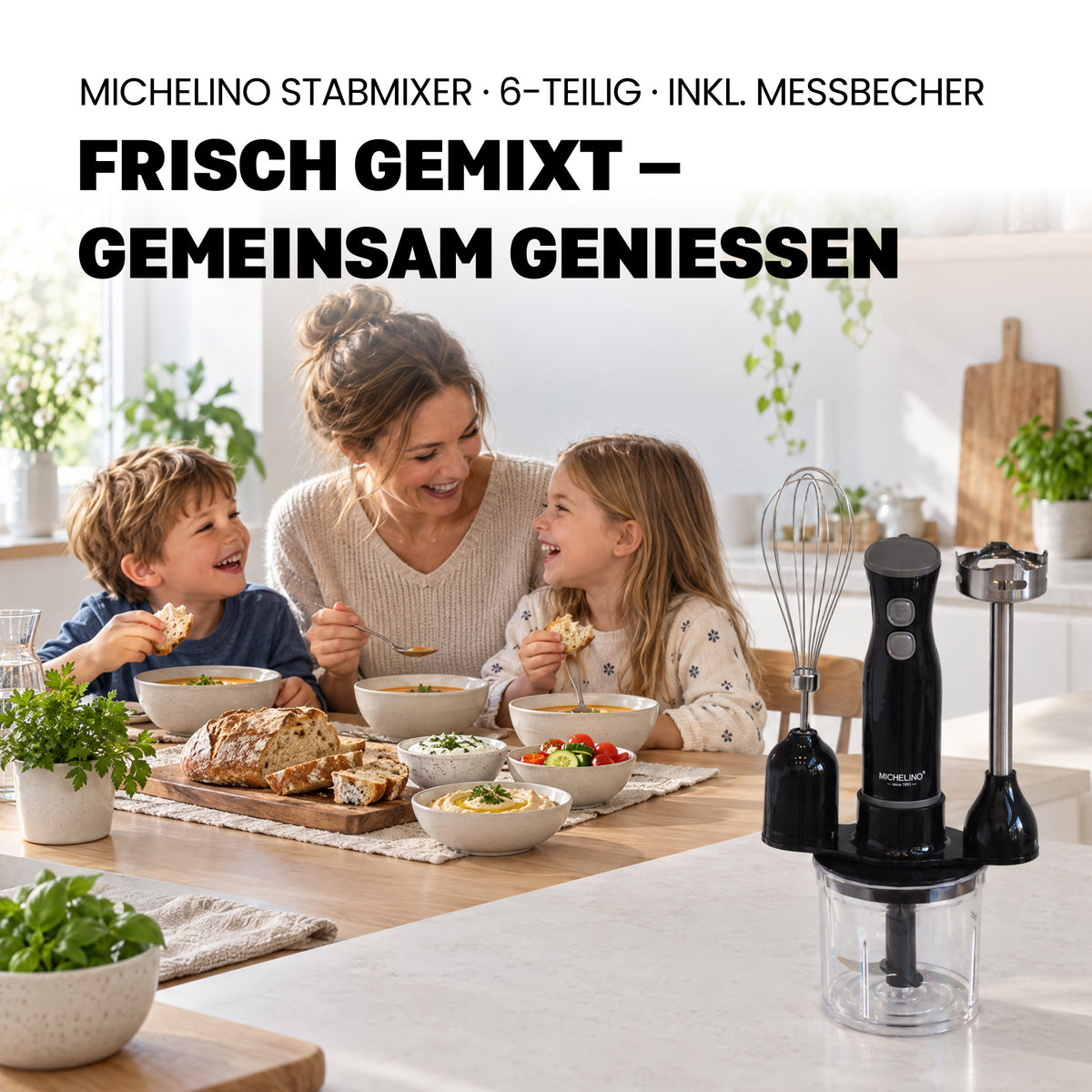 MICHELINO Stabmixer-Set 6-teilig 250 Watt – Edelstahl mit Zerkleinerer, Schneebesen & Messbecher – Ansicht 8
