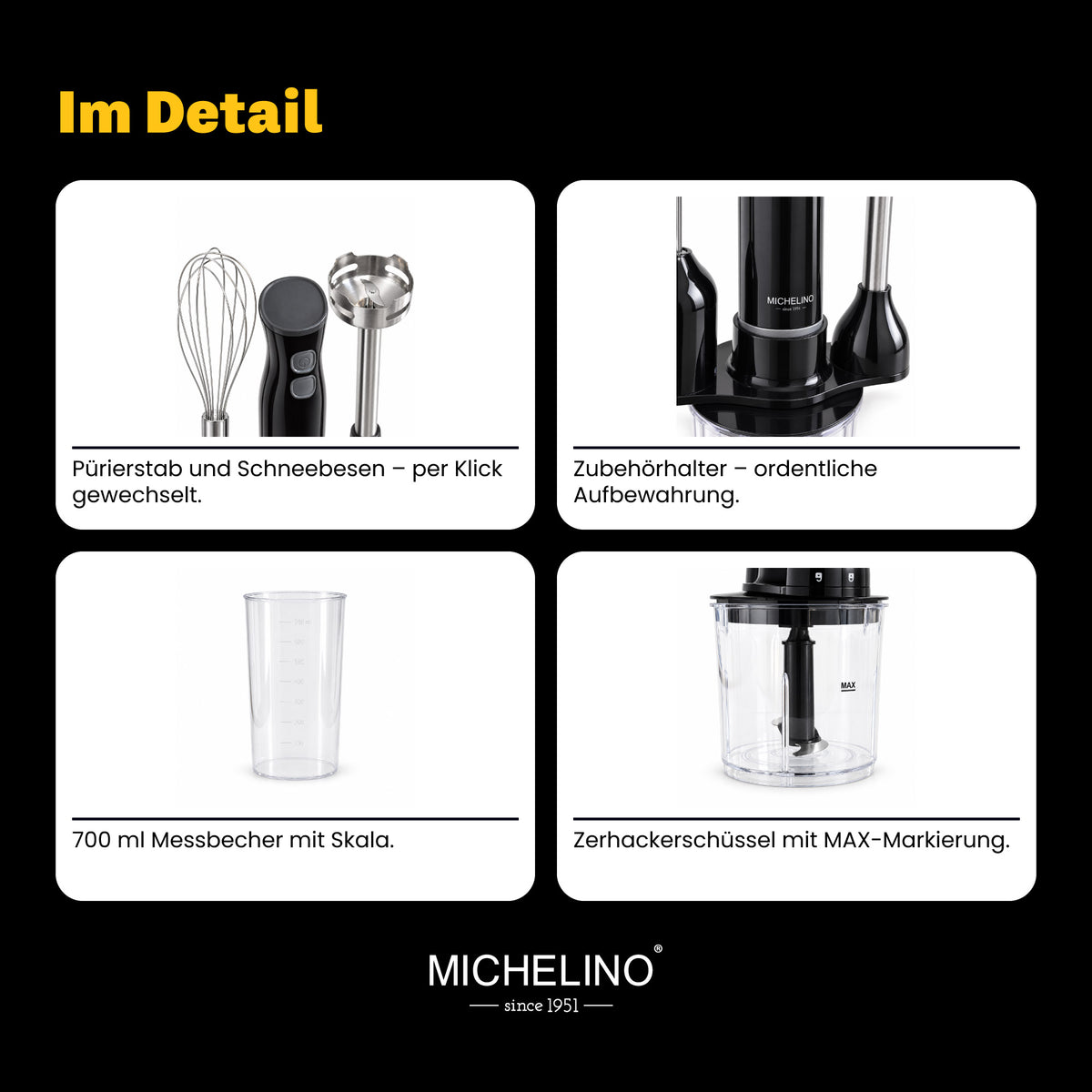 MICHELINO Stabmixer-Set 6-teilig 250 Watt – Edelstahl mit Zerkleinerer, Schneebesen & Messbecher – Ansicht 9
