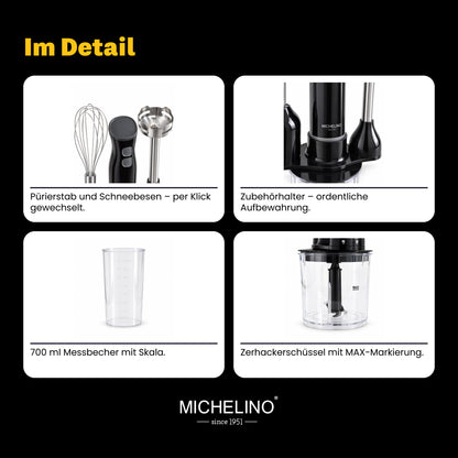 MICHELINO Stabmixer-Set 6-teilig 250 Watt – Edelstahl mit Zerkleinerer, Schneebesen & Messbecher – Ansicht 9
