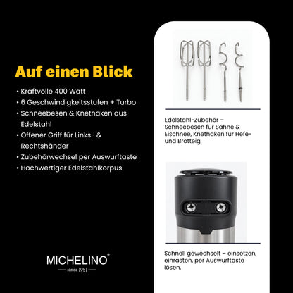 MICHELINO Handmixer 400 Watt Schwarz – Edelstahl mit 6 Stufen & Turbo – Ansicht 4