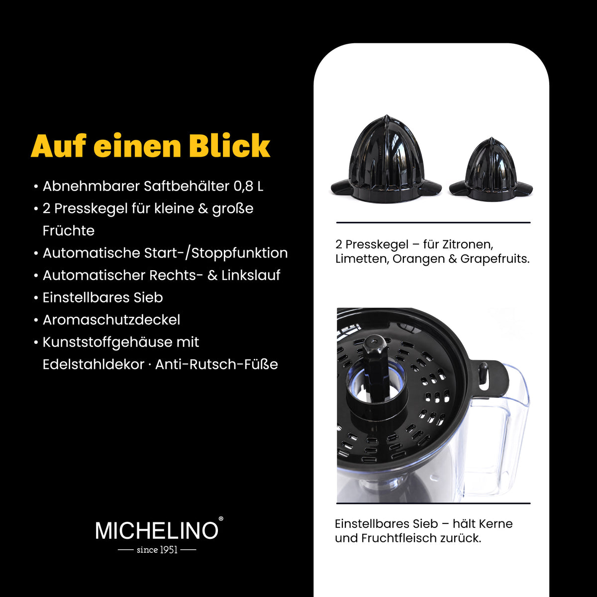 MICHELINO Elektrische Zitruspresse 1,0 Liter – 30W mit 2 Presskegeln & Aromaschutz – Ansicht 4