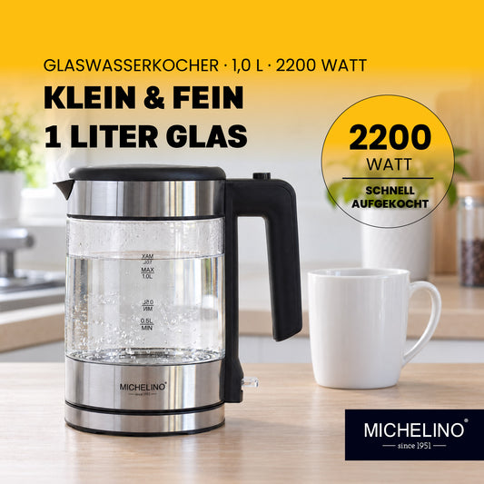 MICHELINO Wasserkocher 1,0 Liter Silber – Edelstahl mit blauer LED & Strix-Controller – Ansicht 2