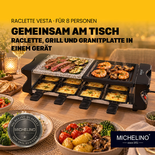 MICHELINO Raclette-Grill 8 Personen – 1200W mit Naturstein-Granitplatte & Thermostat – Ansicht 2