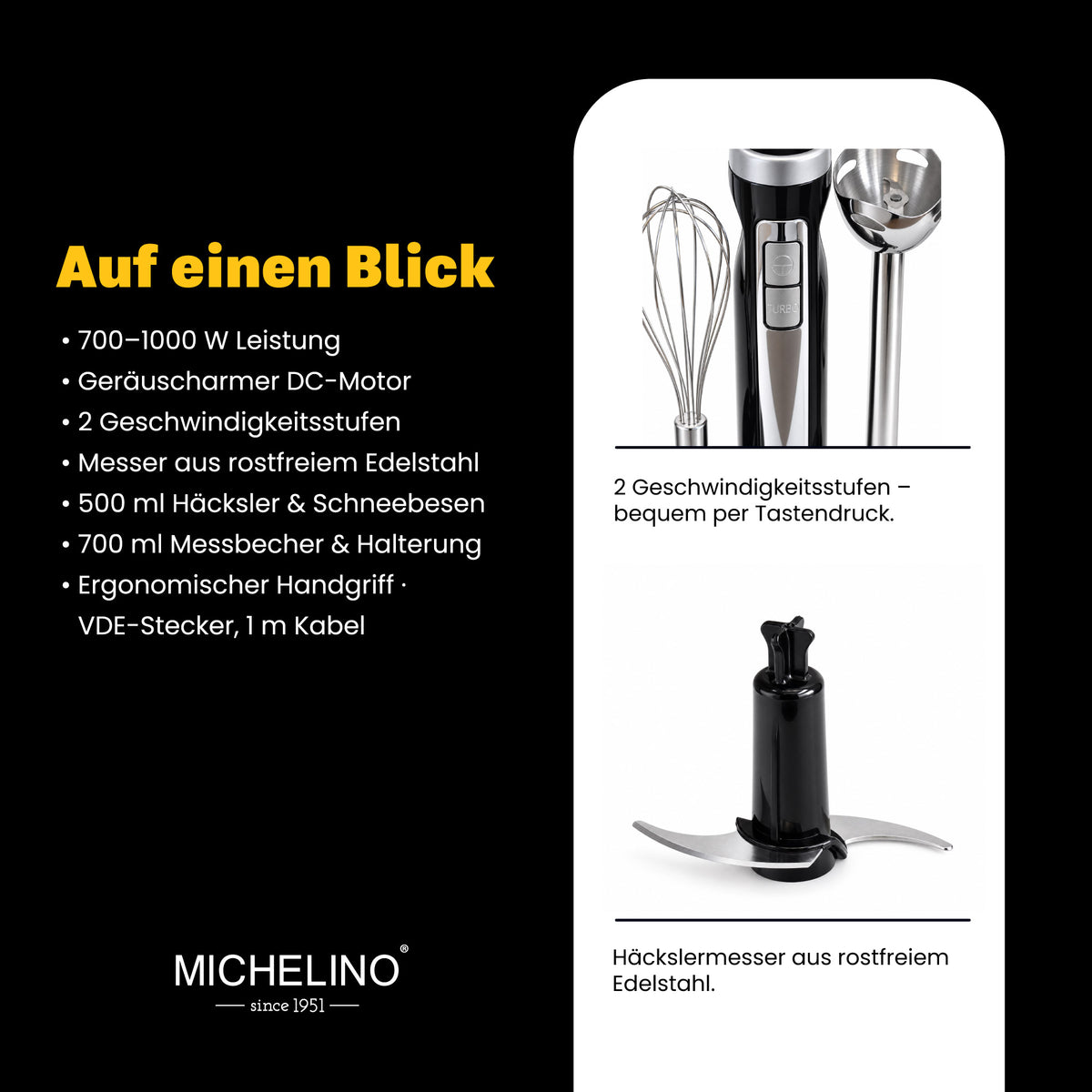 MICHELINO Stabmixer-Set 3-in-1 1000 Watt – mit Häcksler, Schneebesen & Halterung – Ansicht 4