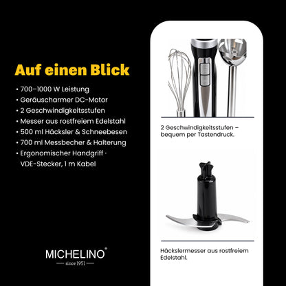 MICHELINO Stabmixer-Set 3-in-1 1000 Watt – mit Häcksler, Schneebesen & Halterung – Ansicht 4