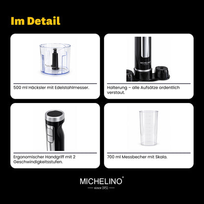 MICHELINO Stabmixer-Set 3-in-1 1000 Watt – mit Häcksler, Schneebesen & Halterung – Ansicht 9