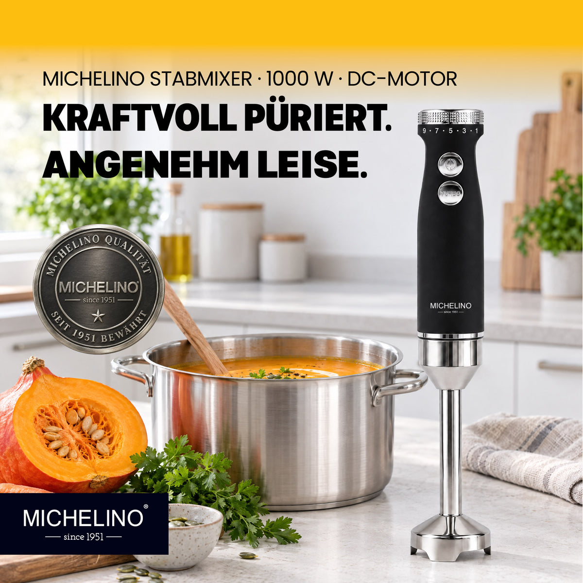 MICHELINO Stabmixer 1000 Watt Edelstahl – DC-Motor, variable Stufen & Gummischutz – Ansicht 2
