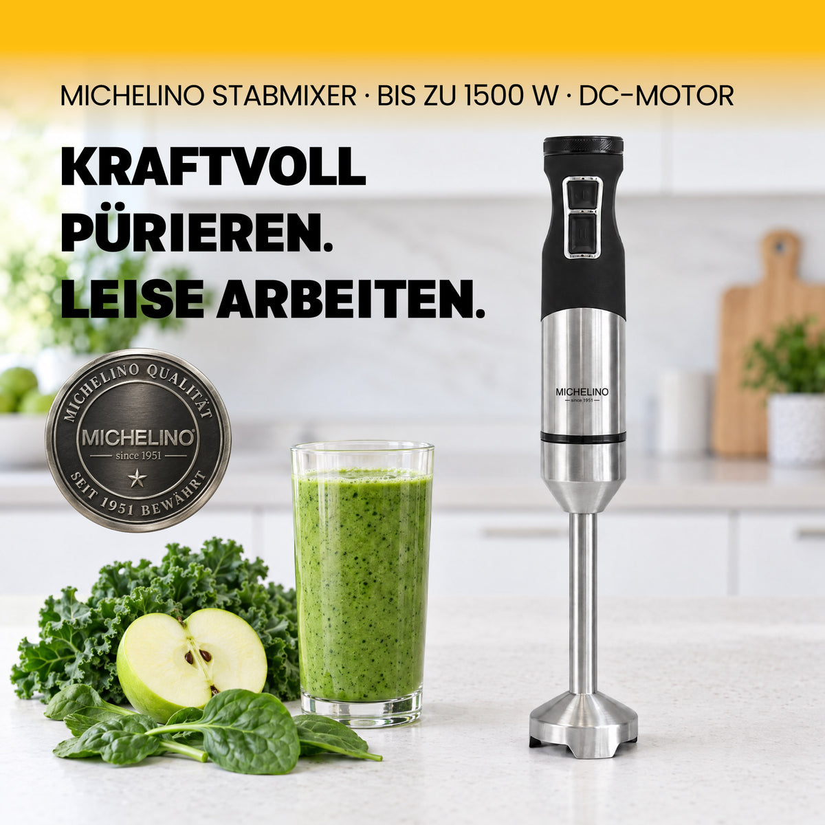 MICHELINO Stabmixer 1500 Watt Edelstahl – DC-Motor, variable Stufen & Gummischutz – Ansicht 2