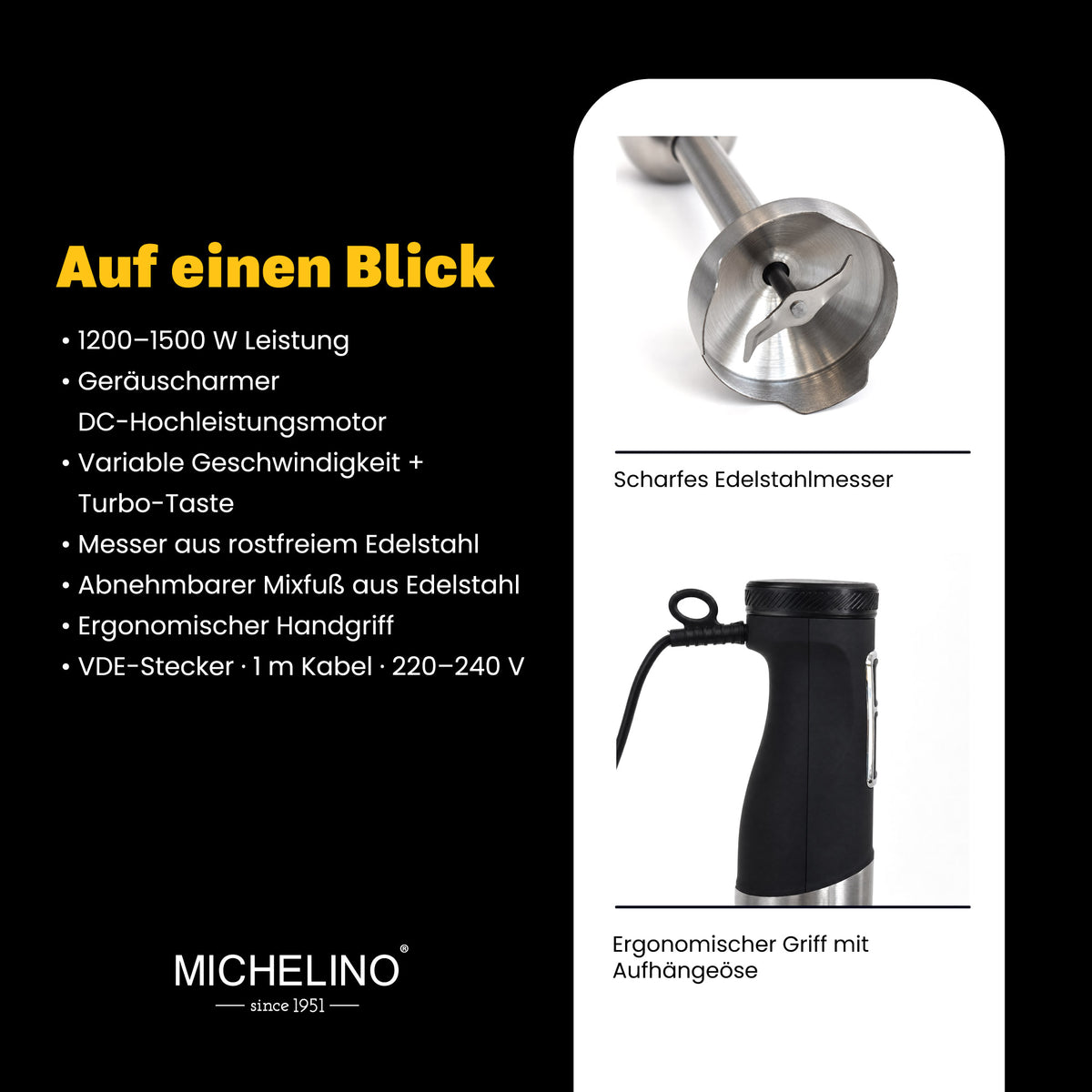 MICHELINO Stabmixer 1500 Watt Edelstahl – DC-Motor, variable Stufen & Gummischutz – Ansicht 4