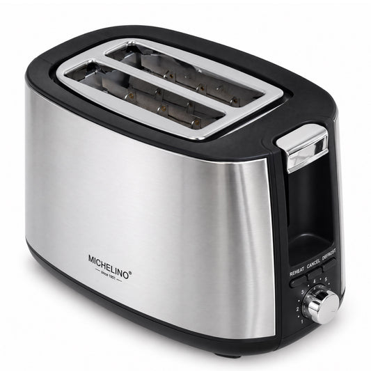 MICHELINO Toaster 2-Scheiben Edelstahl – 750W, Brötchenwärmer, Blockierschutz & Kabelaufwicklung