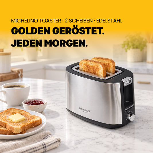 MICHELINO Toaster 2-Scheiben Edelstahl – 750W, Brötchenwärmer, Blockierschutz & Kabelaufwicklung – Ansicht 2