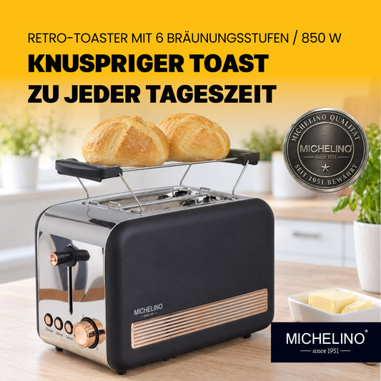 MICHELINO Toaster Retro 2-Scheiben Schwarz-Gold – 850W, Edelstahl Deluxe, 6 Bräunungsstufen & Cool-Touch – Ansicht 2