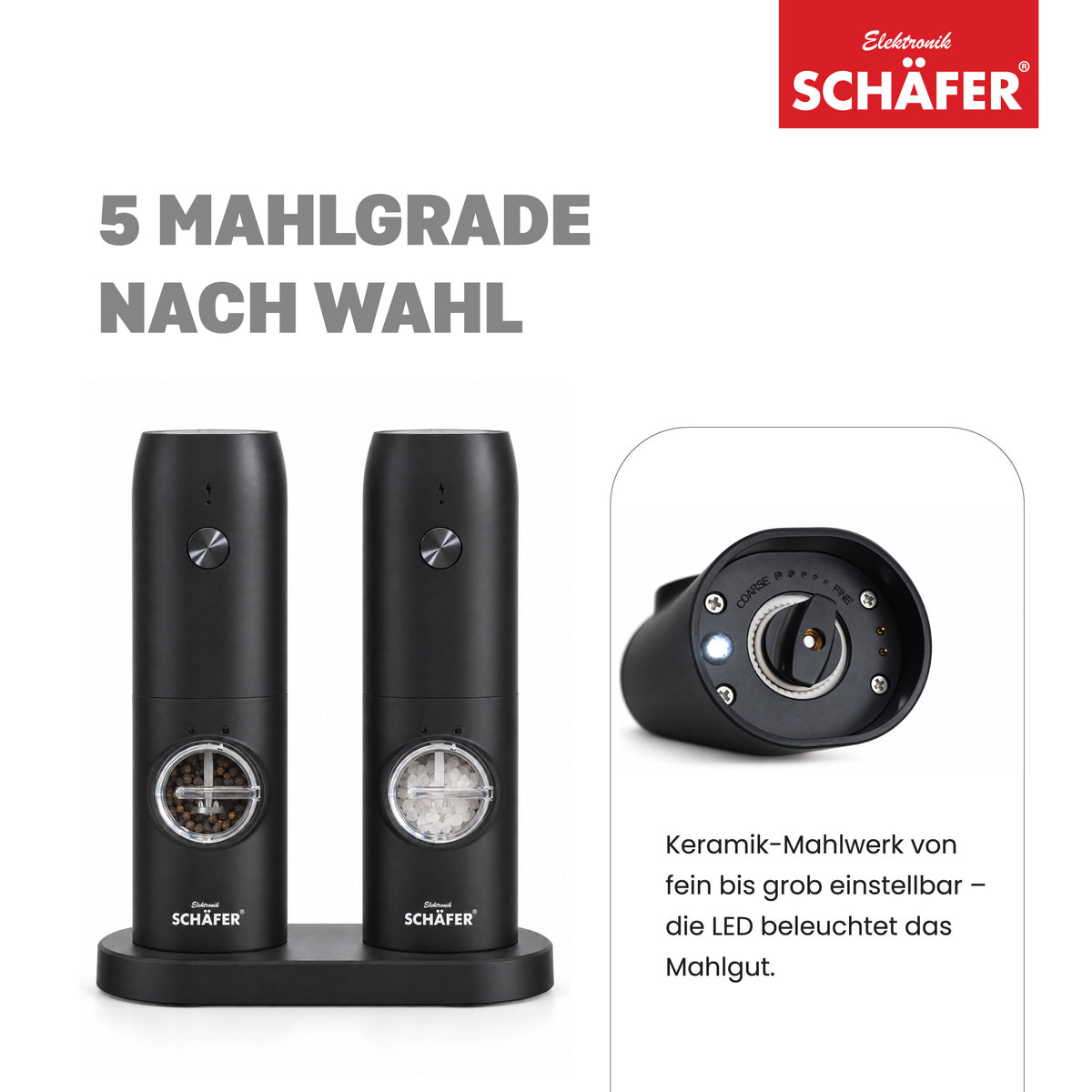 SCHÄFER 2-tlg. Gewürzmühle 16,5 × 7 × 19,5 cm Serie Venus Schwarz elektrisch – Ansicht 3