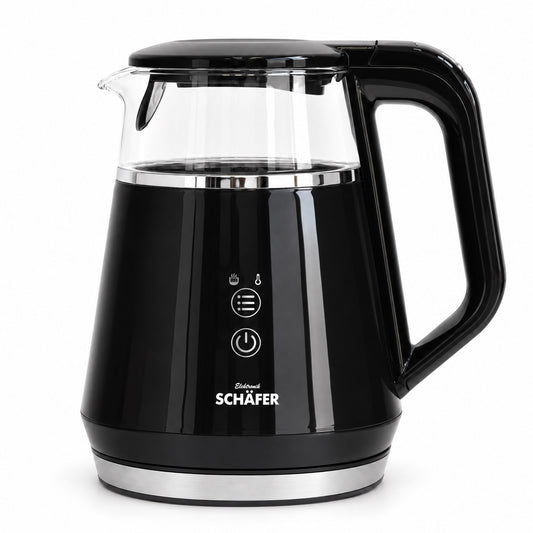 SCHÄFER Borosilikatglas Wasserkocher 1 l Schwarz mit Temperaturanzeige 1100 Watt