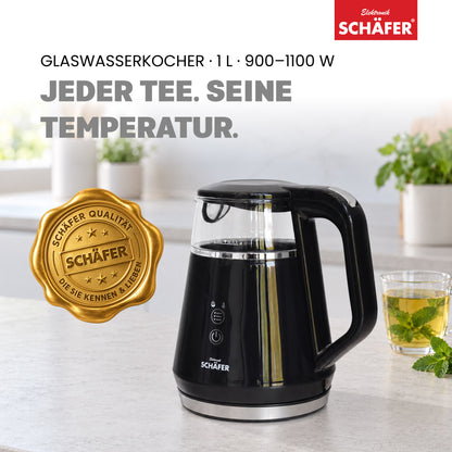SCHÄFER Borosilikatglas Wasserkocher 1 l Schwarz mit Temperaturanzeige 1100 Watt – Ansicht 2