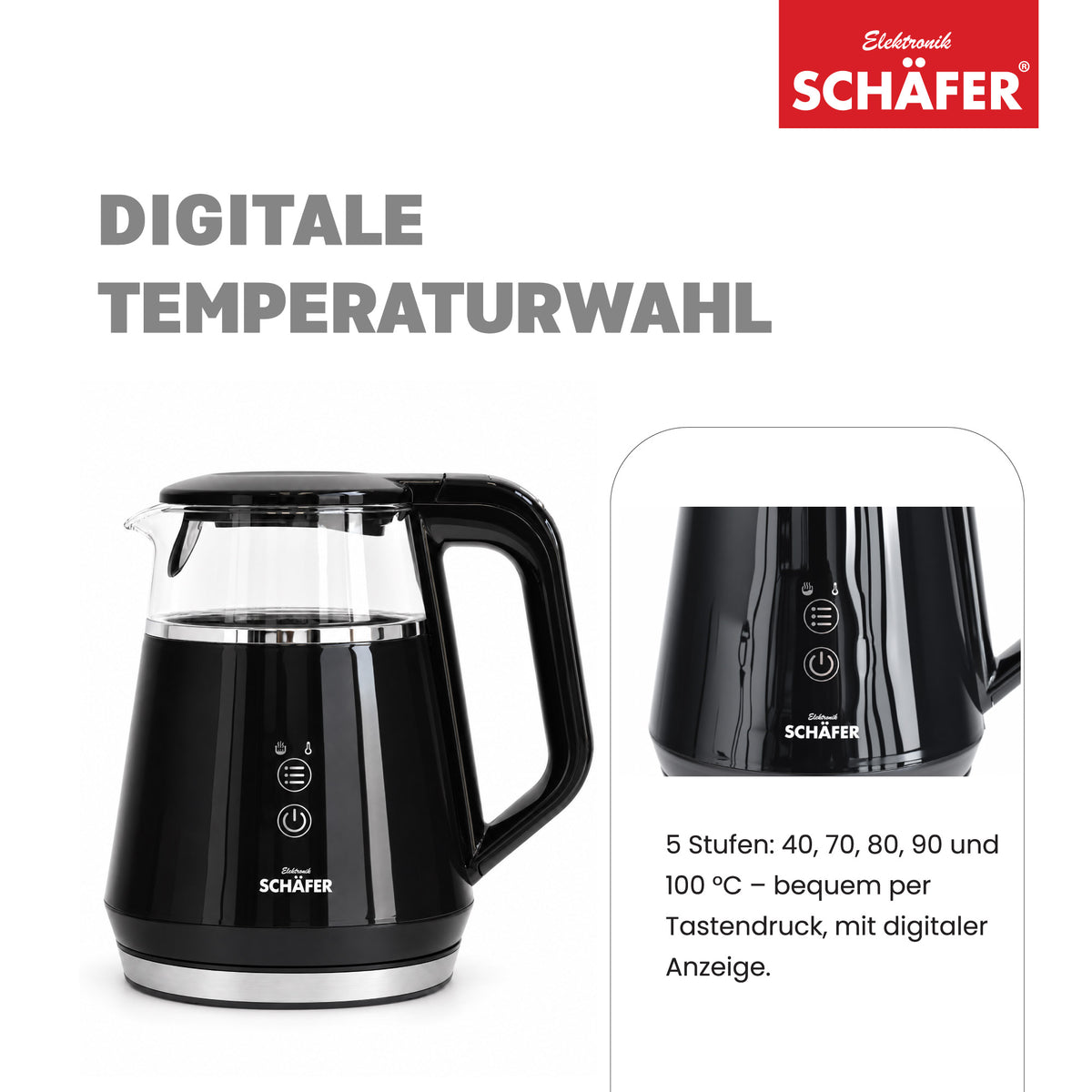 SCHÄFER Borosilikatglas Wasserkocher 1 l Schwarz mit Temperaturanzeige 1100 Watt – Ansicht 3