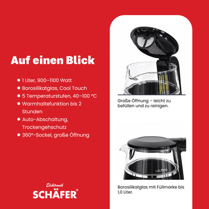 SCHÄFER Borosilikatglas Wasserkocher 1 l Schwarz mit Temperaturanzeige 1100 Watt – Ansicht 4