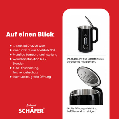 SCHÄFER Wasserkocher 1,7 l Temperatureinstellung Schwarz 2200 Watt – Ansicht 4