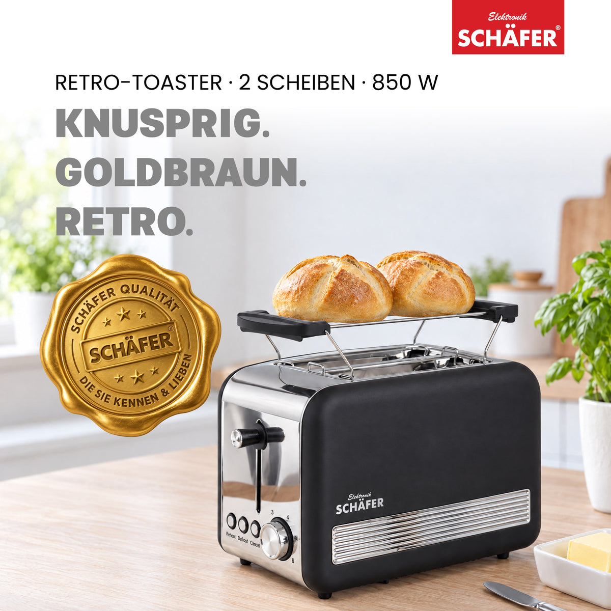 SCHÄFER Edelstahl Toaster 2 Scheiben Cool-Touch Schwarz/Silber 850 Watt – Ansicht 2